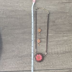 Floral Pendant and Earring Set in Pink and Brown With Matching Earrings